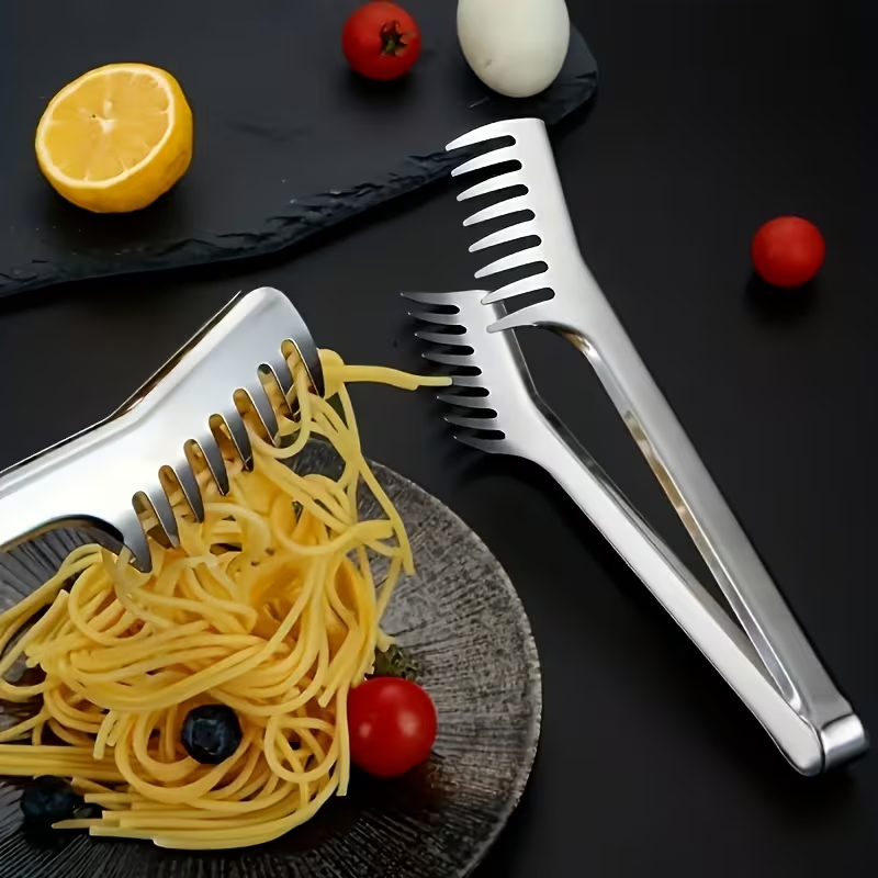 Stainless steel pasta tongs, suitable for buffets and family meals, durable.