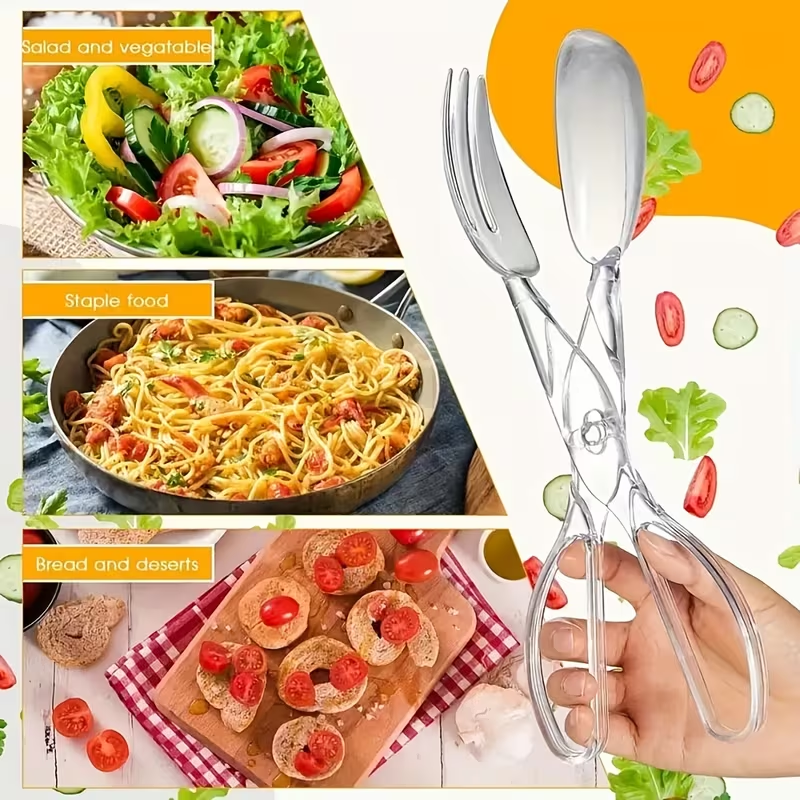 Heavy-duty clear plastic salad scissors and clips - reusable, suitable for BBQs and buffets.