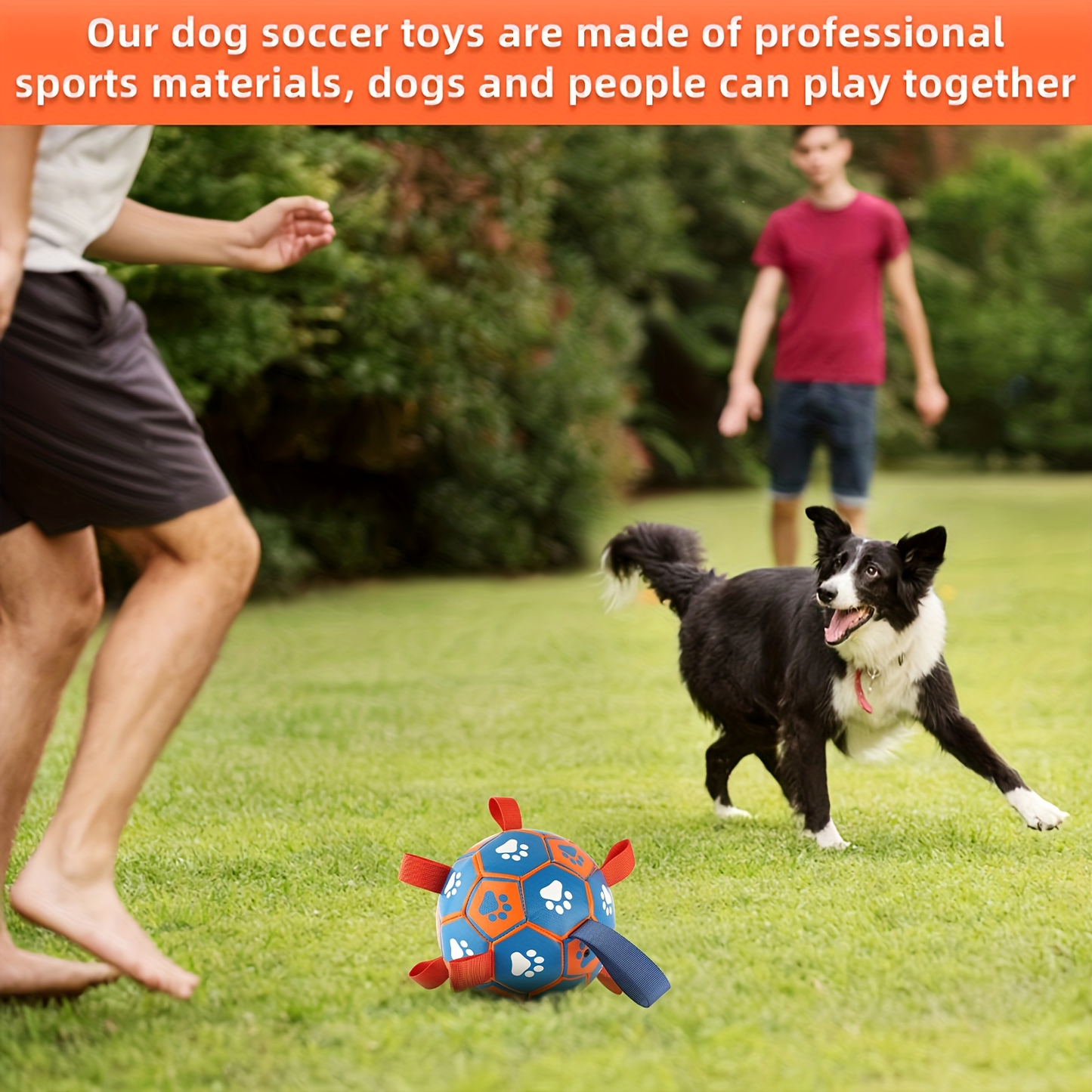 Rubber dog soccer ball with tug-of-war straps and an air tube, suitable for puppies and adult dogs.