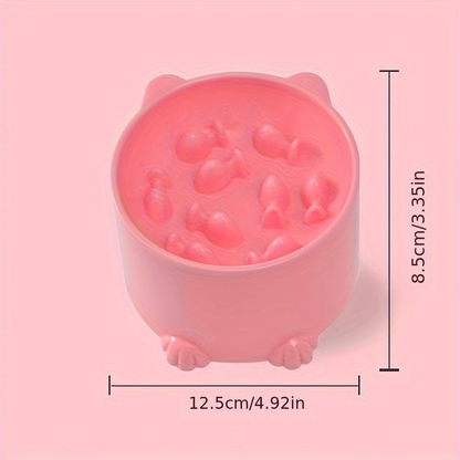 Slow-feeding bowl for cats and dogs, with a neck shield to prevent choking.