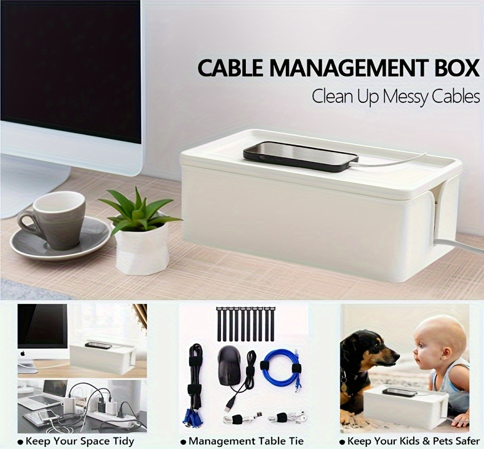 PVC multi-compartment cable management box - white office desk power management drawer
