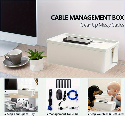 PVC multi-compartment cable management box - white office desk power management drawer