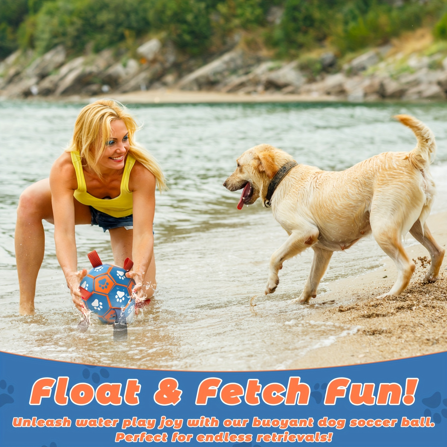 Rubber dog soccer ball with tug-of-war straps and an air tube, suitable for puppies and adult dogs.