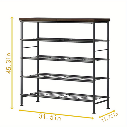 Five-tier shoe rack storage unit, made of metal.