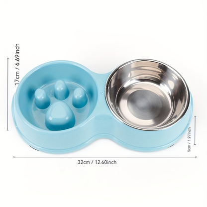 2-in-1 stainless steel slow feed/water bowl, suitable for dogs, non-slip.