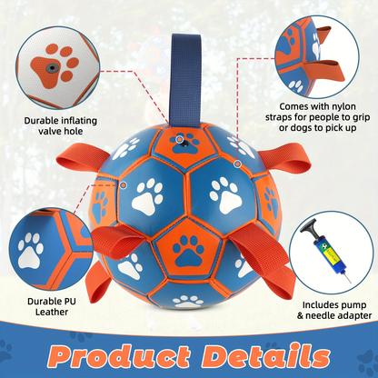 Rubber dog soccer ball with tug-of-war straps and an air tube, suitable for puppies and adult dogs.