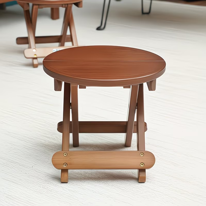 A portable folding round stool, suitable for travel, fishing, leisure, and bamboo use.
