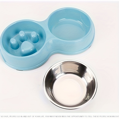 2-in-1 stainless steel slow feed/water bowl, suitable for dogs, non-slip.