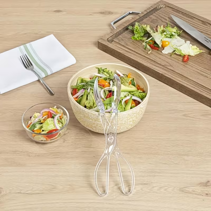 Heavy-duty clear plastic salad scissors and clips - reusable, suitable for BBQs and buffets.
