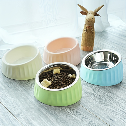 Neck-protecting pet bowl, stainless steel, large capacity, non-slip, for feeding and drinking.