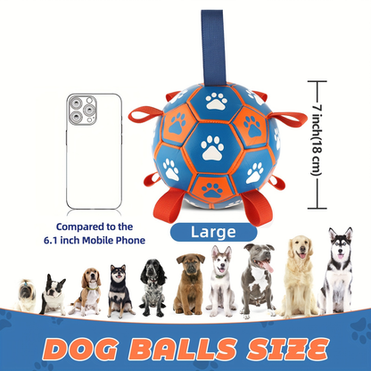 Rubber dog soccer ball with tug-of-war straps and an air tube, suitable for puppies and adult dogs.