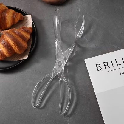 Heavy-duty clear plastic salad scissors and clips - reusable, suitable for BBQs and buffets.