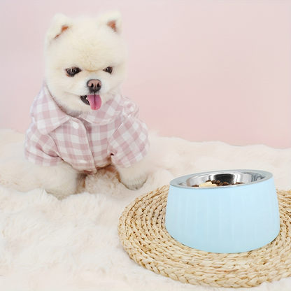 Neck-protecting pet bowl, stainless steel, large capacity, non-slip, for feeding and drinking.