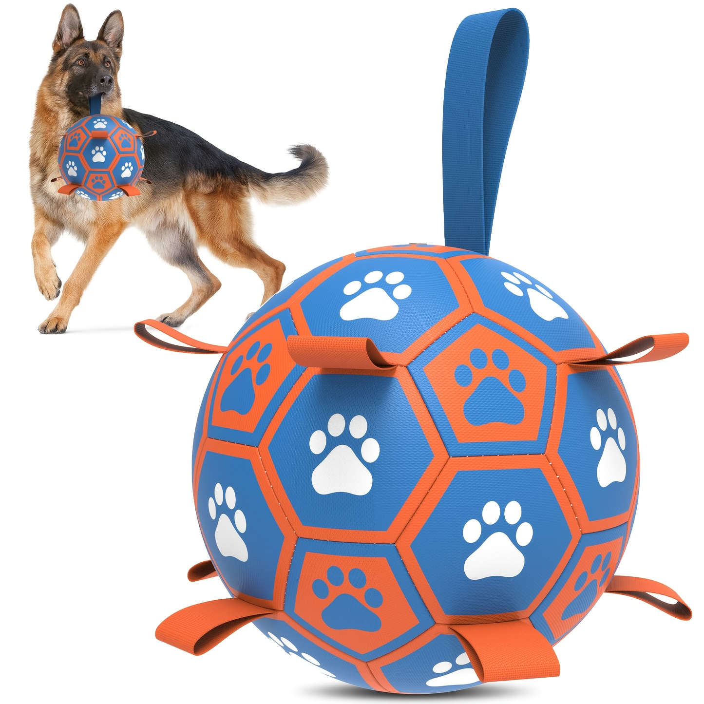 Rubber dog soccer ball with tug-of-war straps and an air tube, suitable for puppies and adult dogs.