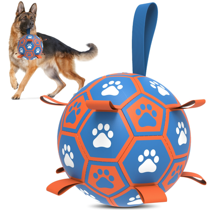 Rubber dog soccer ball with tug-of-war straps and an air tube, suitable for puppies and adult dogs.