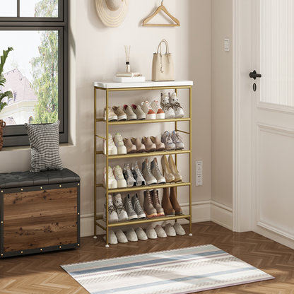 Five-tier shoe rack storage unit, made of metal.