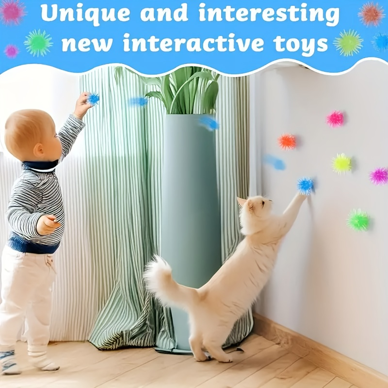 12-pack of interactive cat toy balls with suction cups, made of rubber, no batteries required.