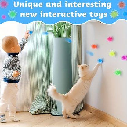 12-pack of interactive cat toy balls with suction cups, made of rubber, no batteries required.