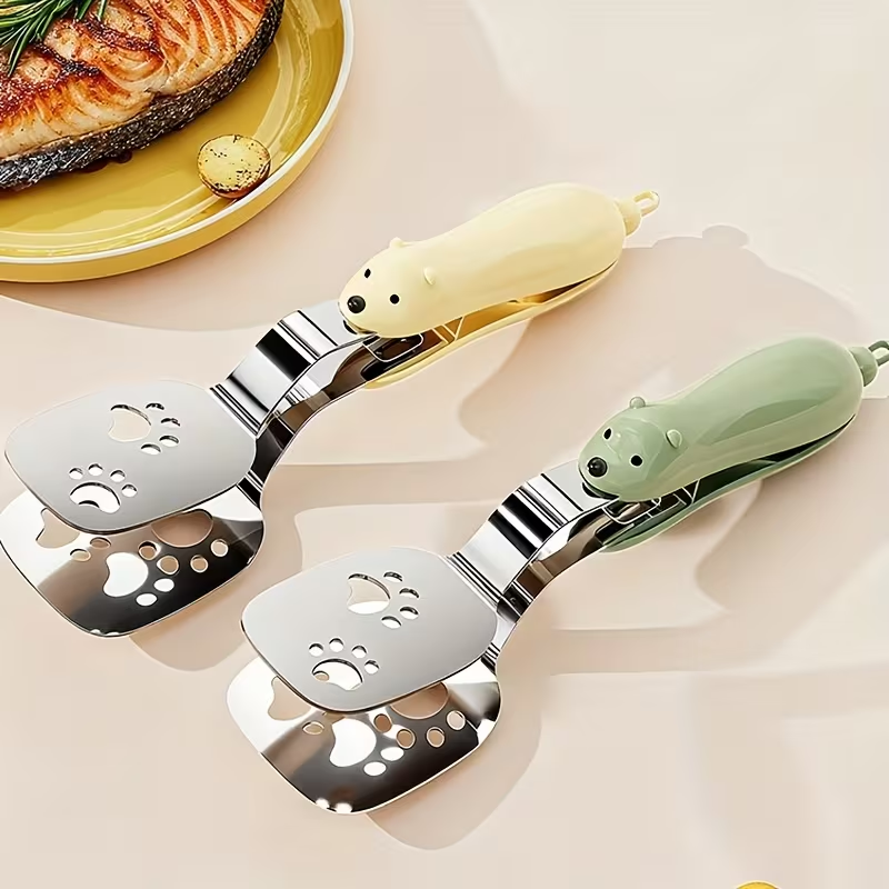 Portable stainless steel fish spatula, can be used as both a tong and a spatula.