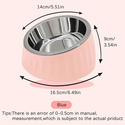 Neck-protecting pet bowl, stainless steel, large capacity, non-slip, for feeding and drinking.