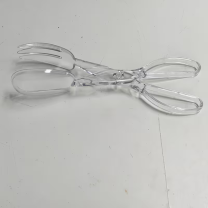 Heavy-duty clear plastic salad scissors and clips - reusable, suitable for BBQs and buffets.