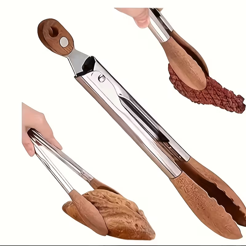 12-inch BBQ Walnut Wood Stainless Steel Sliding Lockable BBQ Tongs