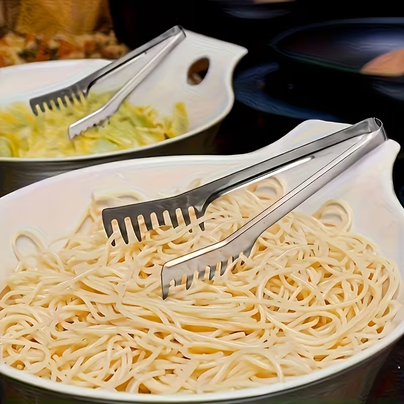 Stainless steel pasta tongs, suitable for buffets and family meals, durable.
