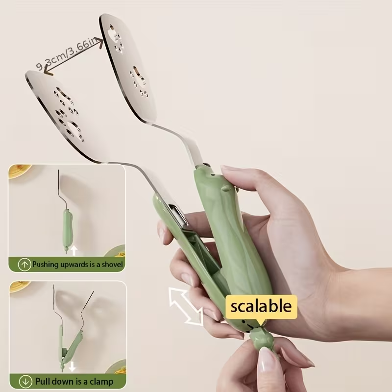 Portable stainless steel fish spatula, can be used as both a tong and a spatula.