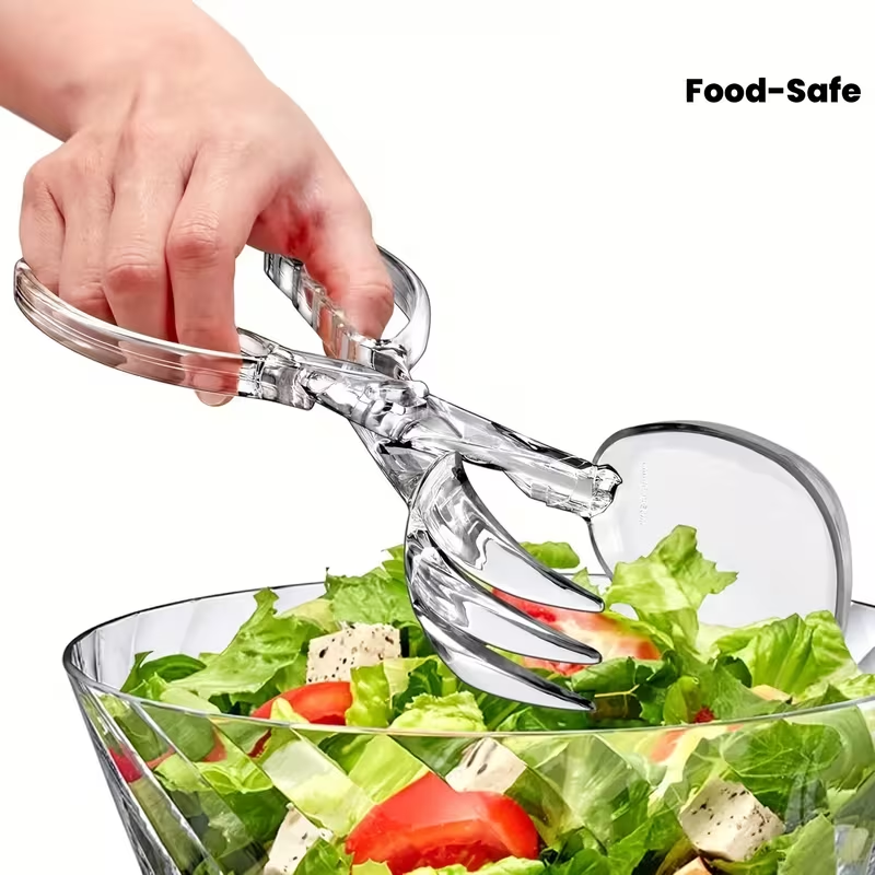 Heavy-duty clear plastic salad scissors and clips - reusable, suitable for BBQs and buffets.