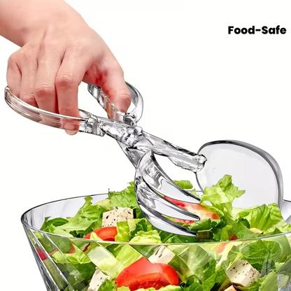 Heavy-duty clear plastic salad scissors and clips - reusable, suitable for BBQs and buffets.