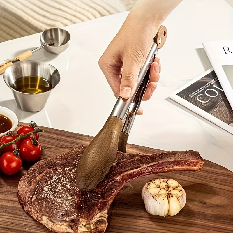 12-inch BBQ Walnut Wood Stainless Steel Sliding Lockable BBQ Tongs