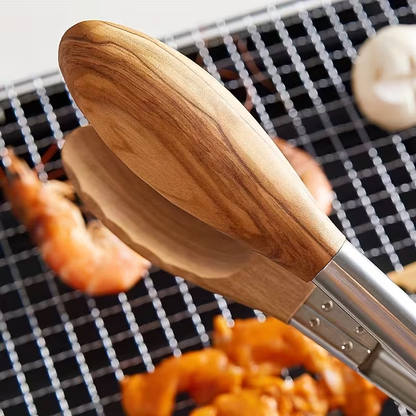 12-inch BBQ Walnut Wood Stainless Steel Sliding Lockable BBQ Tongs