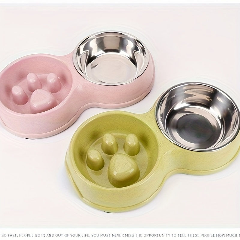 2-in-1 stainless steel slow feed/water bowl, suitable for dogs, non-slip.