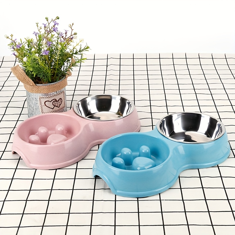 2-in-1 stainless steel slow feed/water bowl, suitable for dogs, non-slip.