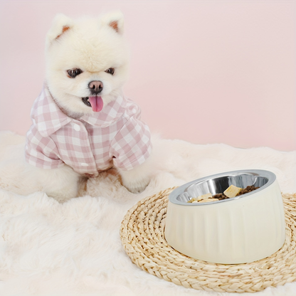 Neck-protecting pet bowl, stainless steel, large capacity, non-slip, for feeding and drinking.
