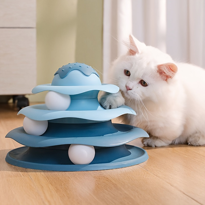 Three-tiered cat spinning toy, made of polypropylene, no batteries required.