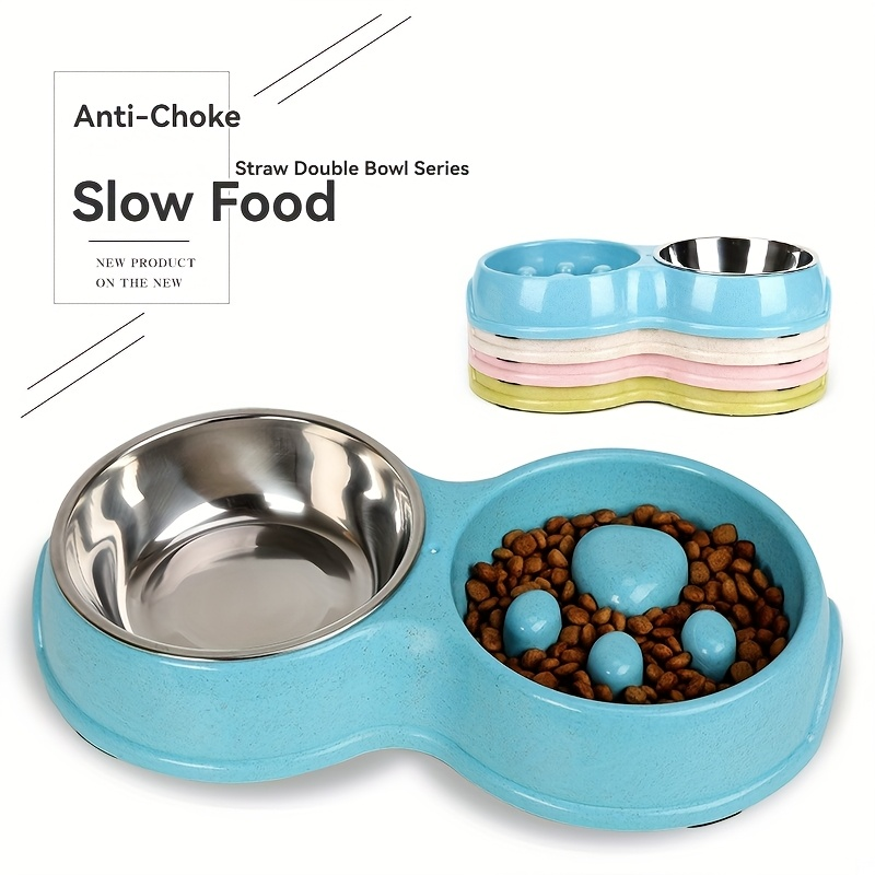 2-in-1 stainless steel slow feed/water bowl, suitable for dogs, non-slip.