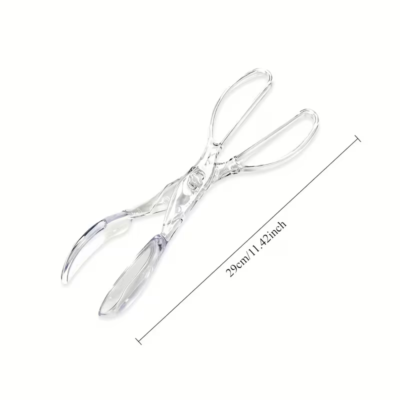 Heavy-duty clear plastic salad scissors and clips - reusable, suitable for BBQs and buffets.