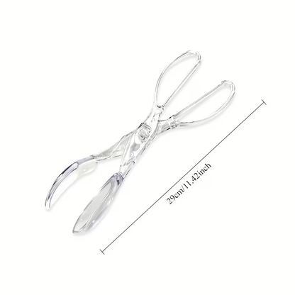 Heavy-duty clear plastic salad scissors and clips - reusable, suitable for BBQs and buffets.