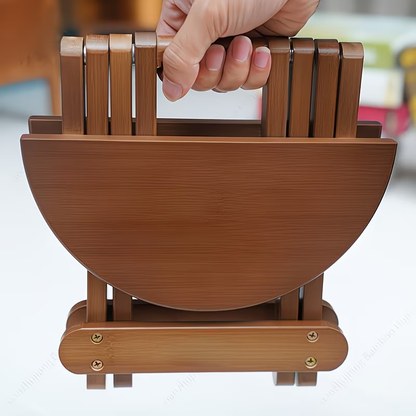 A portable folding round stool, suitable for travel, fishing, leisure, and bamboo use.