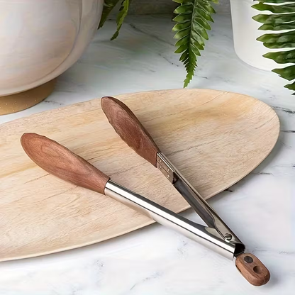 12-inch BBQ Walnut Wood Stainless Steel Sliding Lockable BBQ Tongs