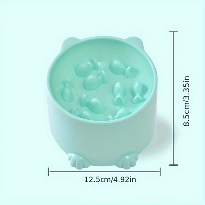 Slow-feeding bowl for cats and dogs, with a neck shield to prevent choking.