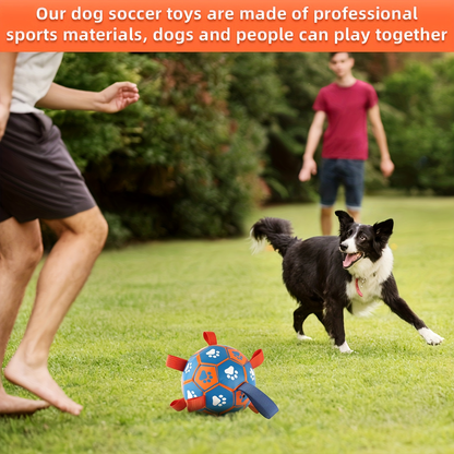 Rubber dog soccer ball with tug-of-war straps and an air tube, suitable for puppies and adult dogs.
