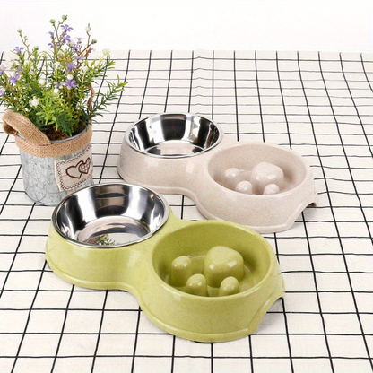 2-in-1 stainless steel slow feed/water bowl, suitable for dogs, non-slip.
