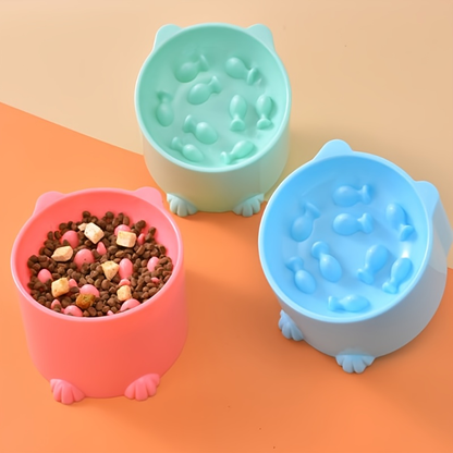 Slow-feeding bowl for cats and dogs, with a neck shield to prevent choking.