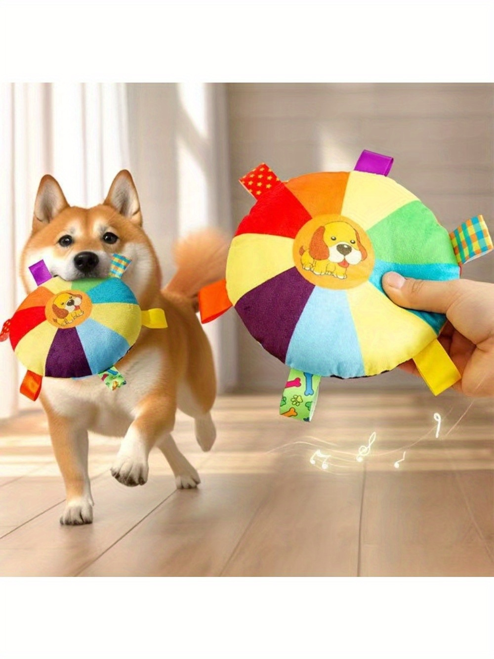 Plush squeaky dog toy, no batteries needed, suitable for all dog breeds.