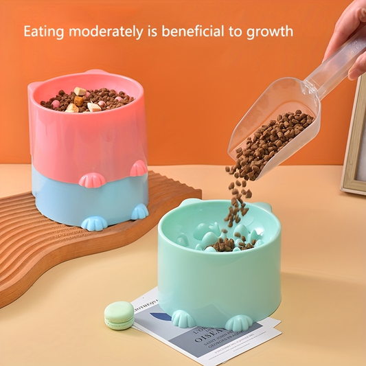 Slow-feeding bowl for cats and dogs, with a neck shield to prevent choking.