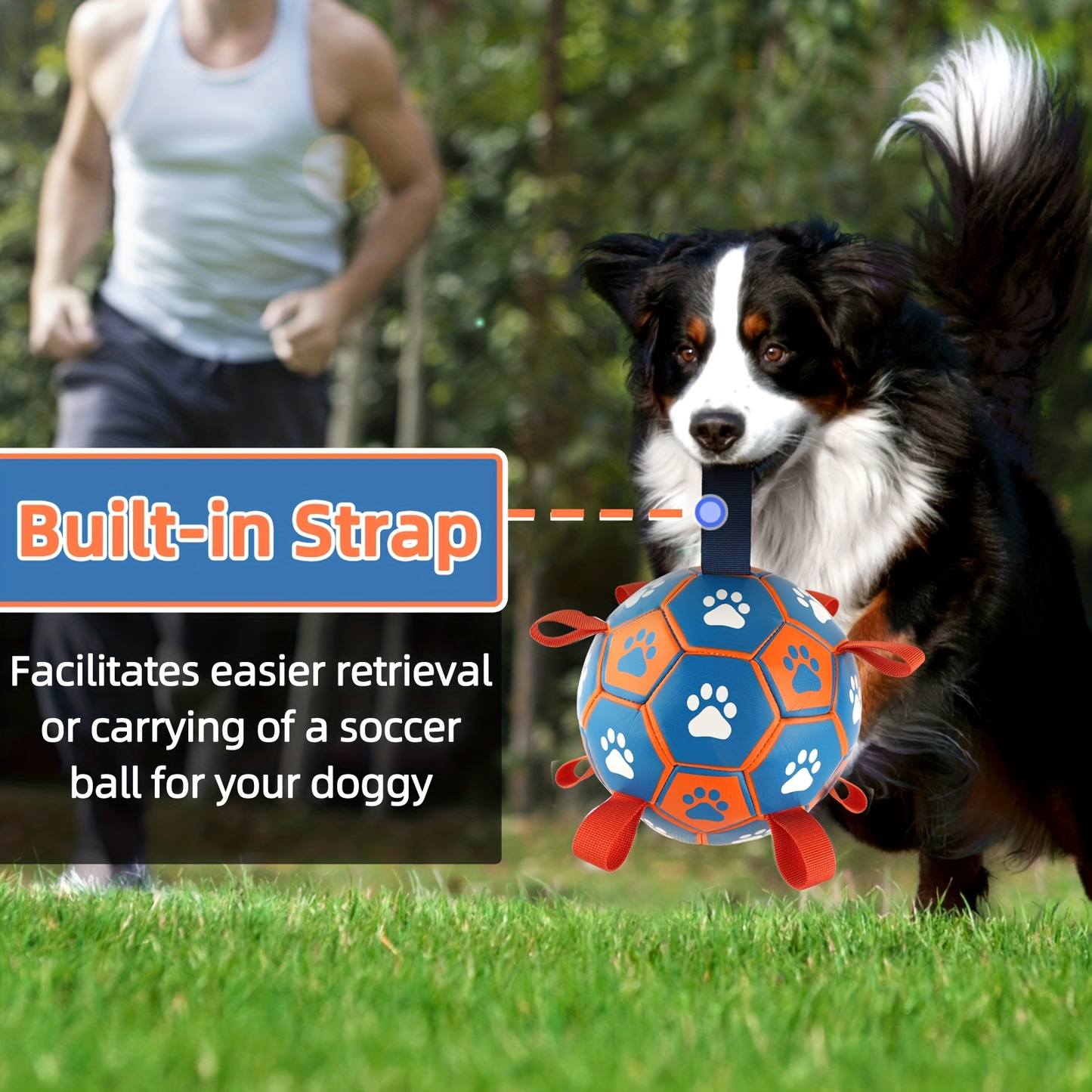 Rubber dog soccer ball with tug-of-war straps and an air tube, suitable for puppies and adult dogs.
