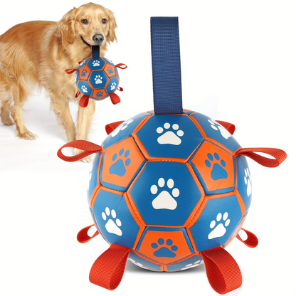 Rubber dog soccer ball with tug-of-war straps and an air tube, suitable for puppies and adult dogs.