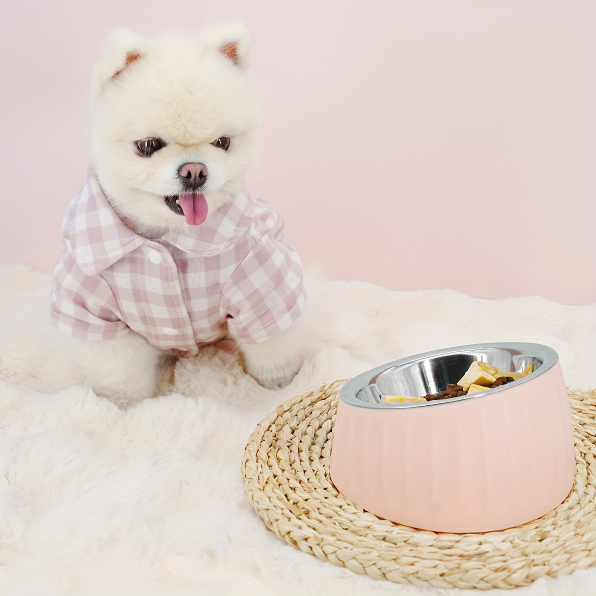 Neck-protecting pet bowl, stainless steel, large capacity, non-slip, for feeding and drinking.
